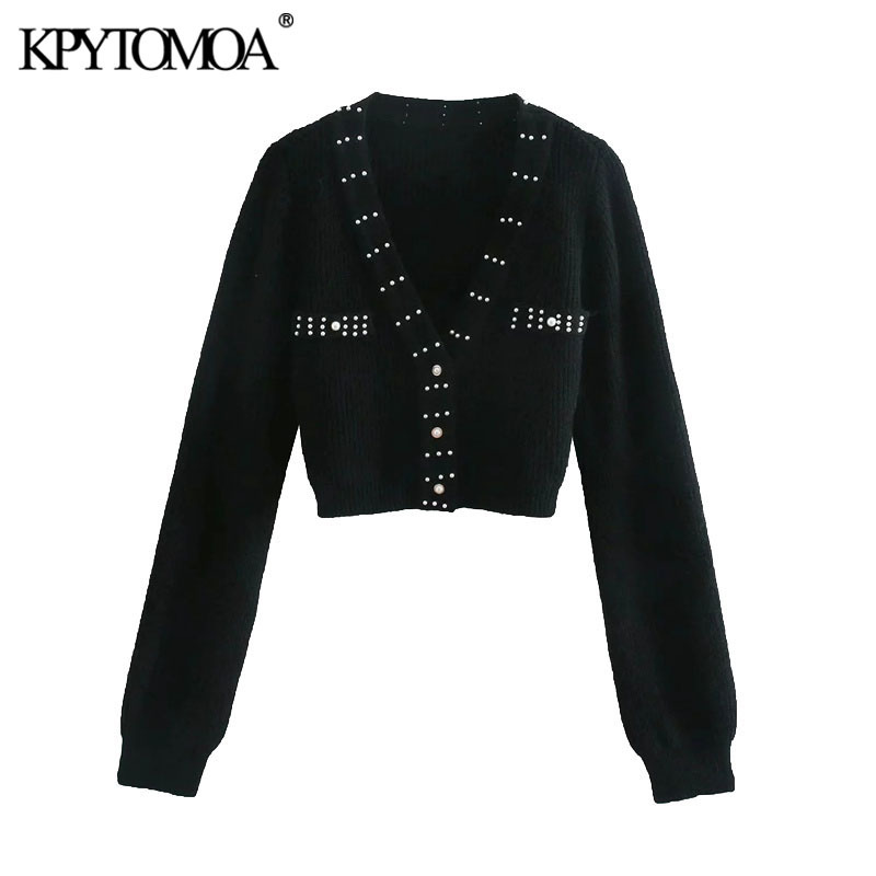 Women Fashion Faux Pearl Beading Cropped Knitted Cardigan Sweater Long Sleeve Female Outerwear Chic Tops 210420