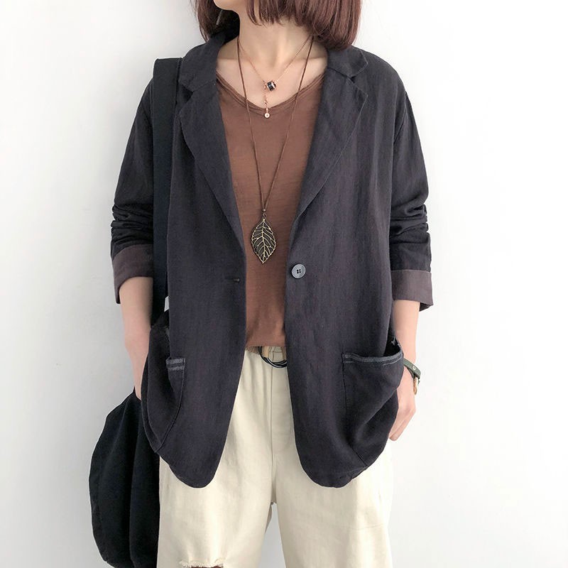 Autumn Arts Style Women Long Sleeve Single Button Loose Casual Blazer Double Pocket Vintage Linen Femme Coat M252 210512