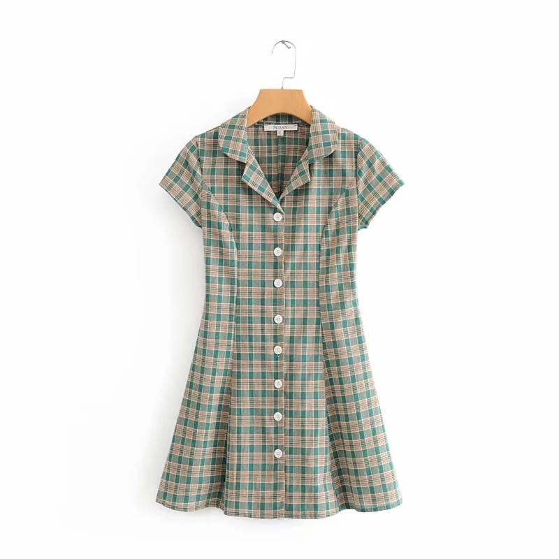Vintage cotton linen red Plaid dress women elegant short sleeve button mini beach korean party casual vestidos 210521