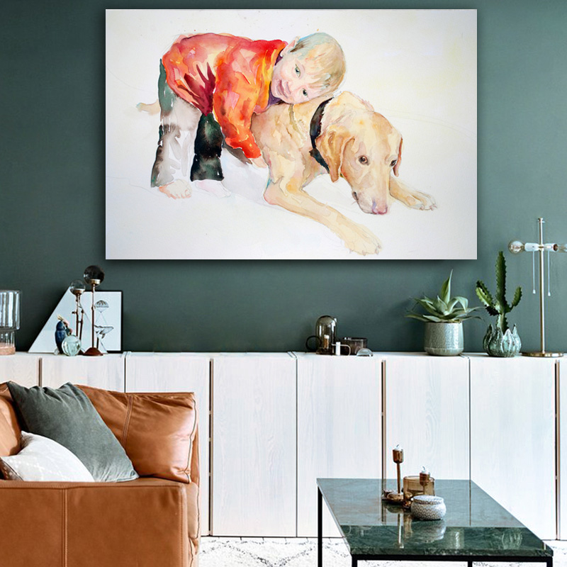 Abstract Canvas Print Poster Boy and Dog Playing Companion Wall Art Picture For Living Room Home Decor Canvas Painting No Frame