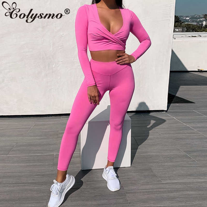 Colysmo Crop Top Long Pants Two Piece Set Women Autumn Tracksuit Sexy V-neck Sleeve Tops Bodycon Trousers 2 210527