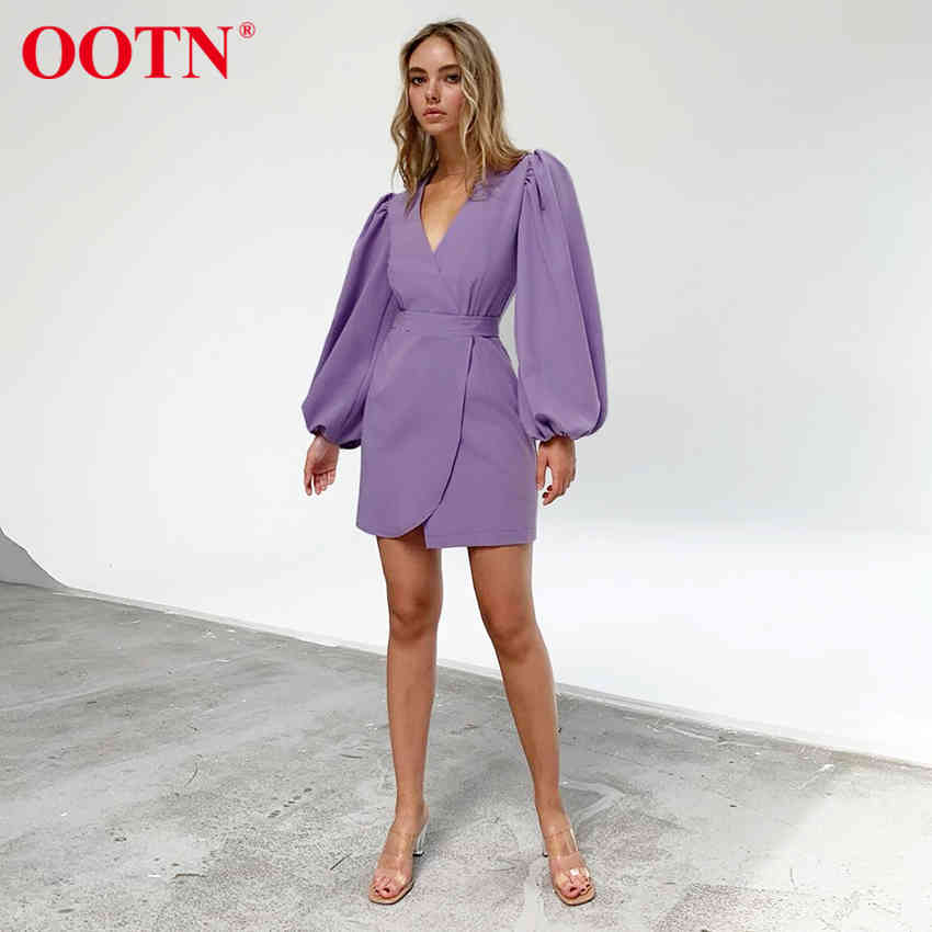 OOTN Purple Asymmetry Mini Dress Tunic High Waist Ladies Elegant Sexy V Neck Lantern Long Sleeve Green Dresses Womens Fashion 210409