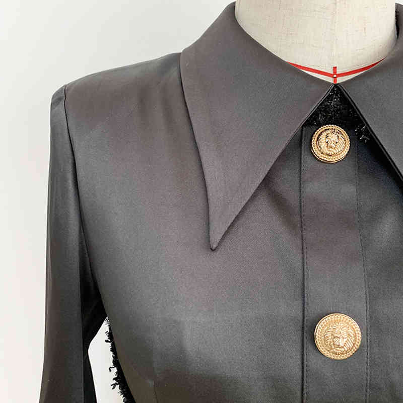 HIGH STREET Fashion Baroque Runway Dress Women's Lion Buttons Satin Patchwork Tweed Shimmer 210521