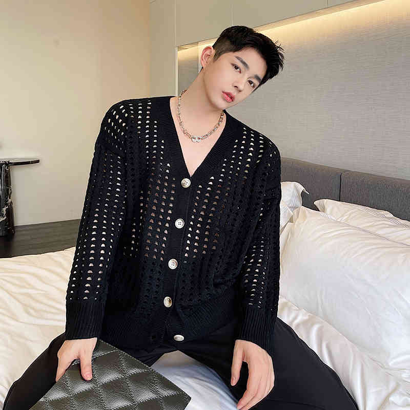 IEFB Men's Thin Hollow Out Sweater Cardigan Coat Man Women Korean Spring Summer Streetwear Vintage Knitwear V-neck Tops 210524
