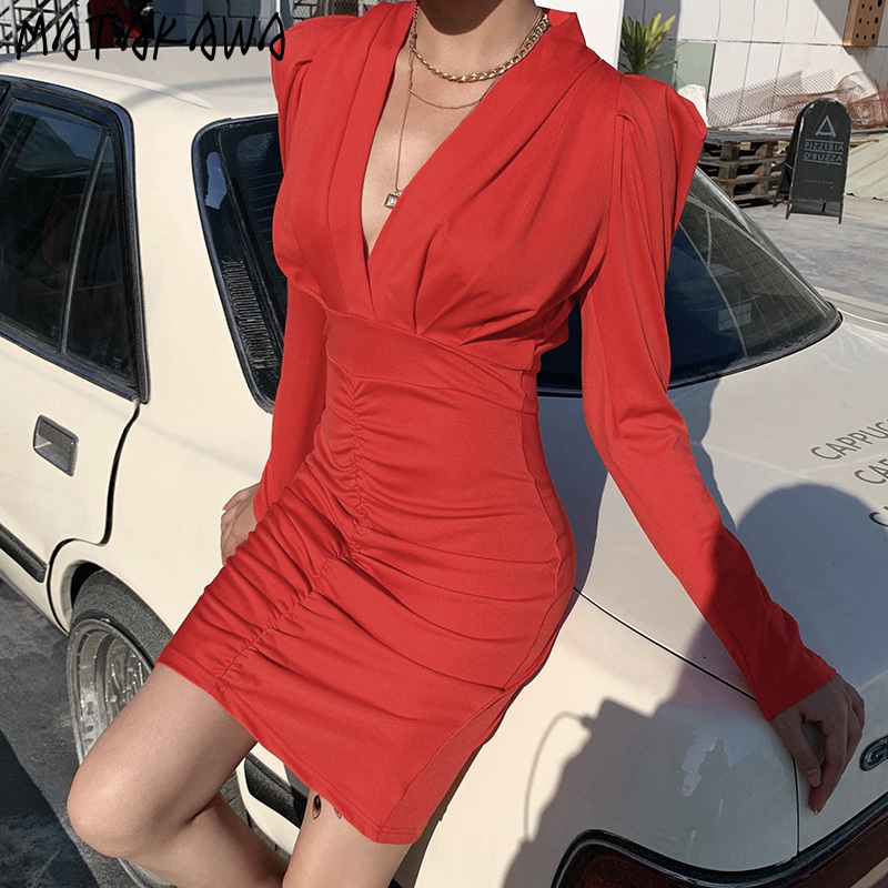 MATAKAWA Sexy V Neck Woman Dress Slim Waist Tight Elagant Vestidos Red Fashion Robe Femme Puff Sleeve Bodycon Dresses for Women 210513