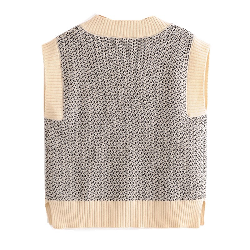 Preppy Style Check Plaid Knitted Sweater Vest Women Vintage Korean Clothing V Neck Hem Slit Sleeveless Jumper Y2K Knitwear 210429
