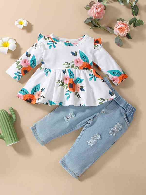 Baby Floral Print Ruffle Trim Peplum Top & Ripped Frayed Jeans SHE