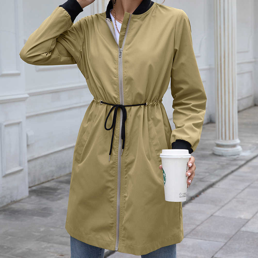 Women Raincoat Outdoor Streetwear Slant Pocket Drawstring Waterproof Mid-length Trench Autumn Long Sleeve Stand Collar Cardigan 210820