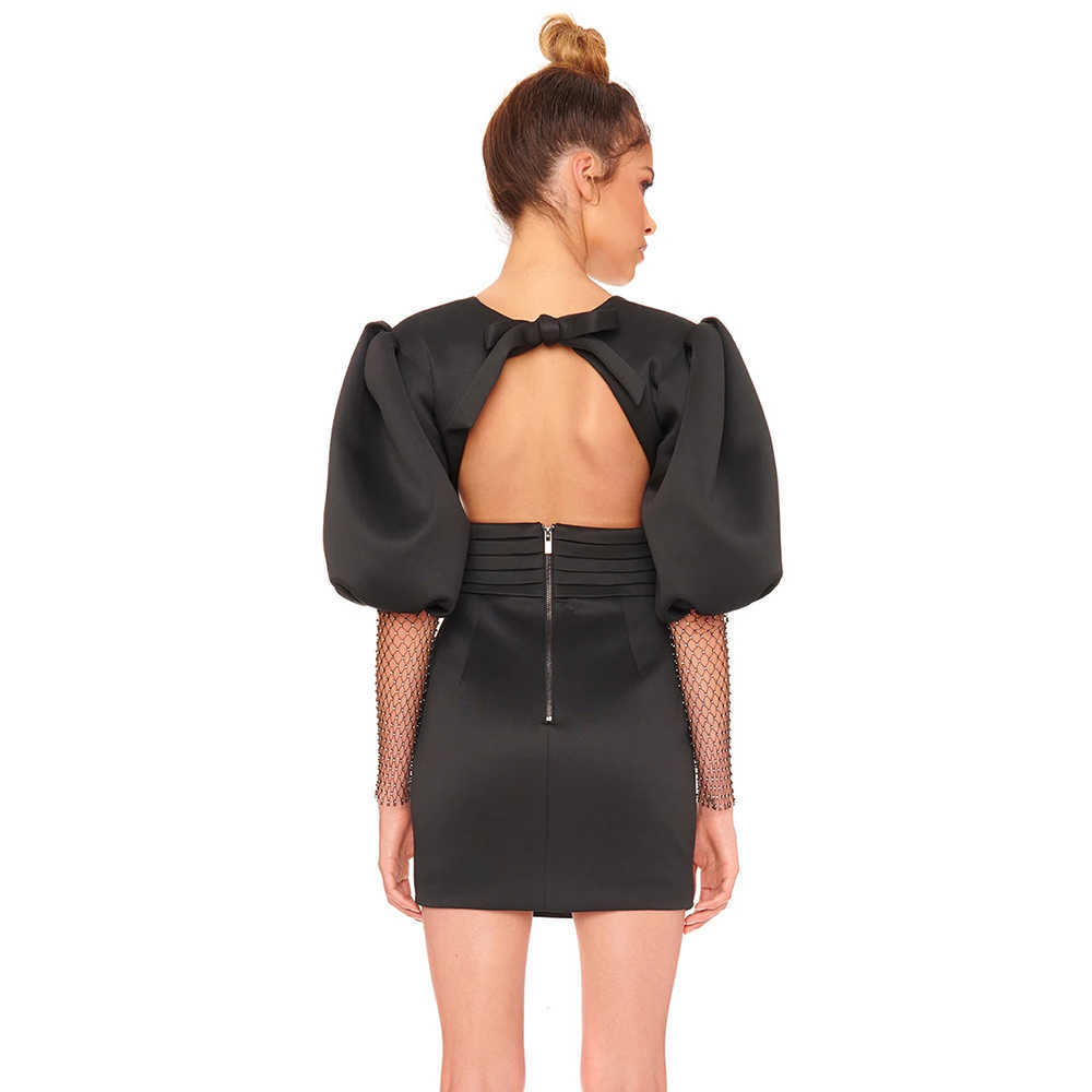 White Backless Summer Dress High-Quality Women'S Black Long-Sleeved V-Neck Bodycon Club Party Vestidos 210527