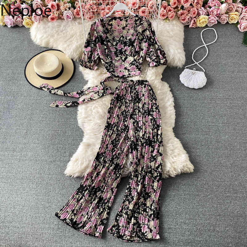 Neploe Summer Floral Suit Two Piece Outfits for Women V-neck Shirt Crop Tops Pleated Wide Leg Pnats Femme Roupas 2 Piece Set 210422