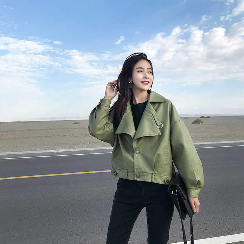 LY VAREY LIN Faux Soft Leather Motorcycle Jacket Short Biker Coat Single Breasted Big Pocket Outwear 210526