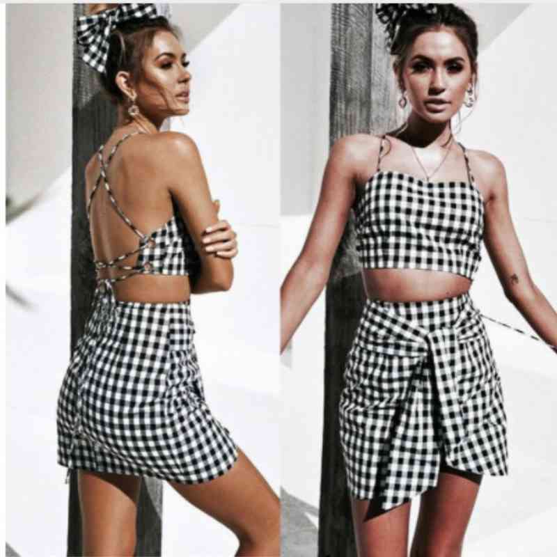 Fashion Women Checkerboard 2 Piece Set Bodycon Skirt Crop Top Off Shoulder Tank Summer Two Gingham Sexy Party 210428