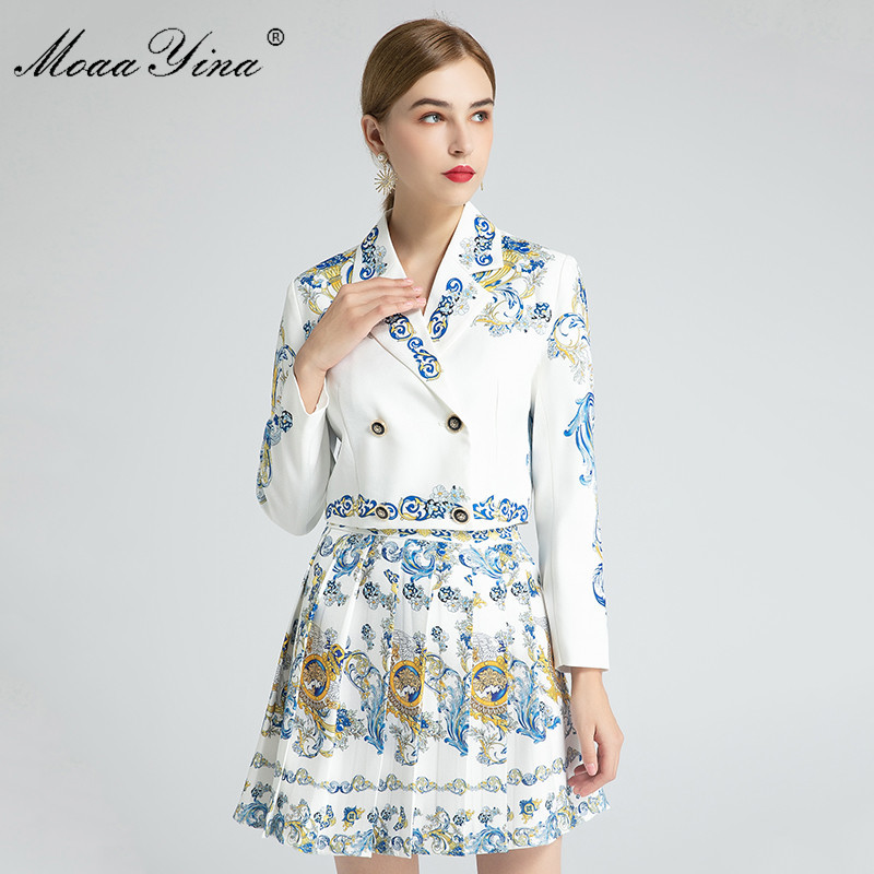 Fashion Set Spring Autumn Women's Long sleeve Double breasted Baroque Print Short jacket+Pleated skirt Two-piece set 210524