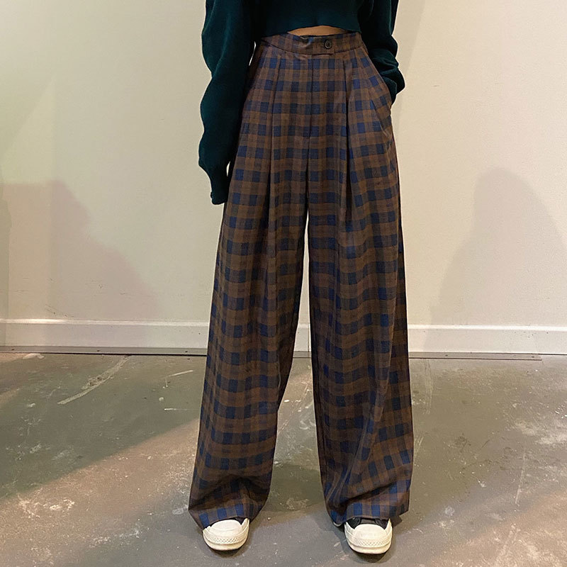 SML korean style plaid vintage straight trouser female autumn high waist long pants womens (X1615) 210423