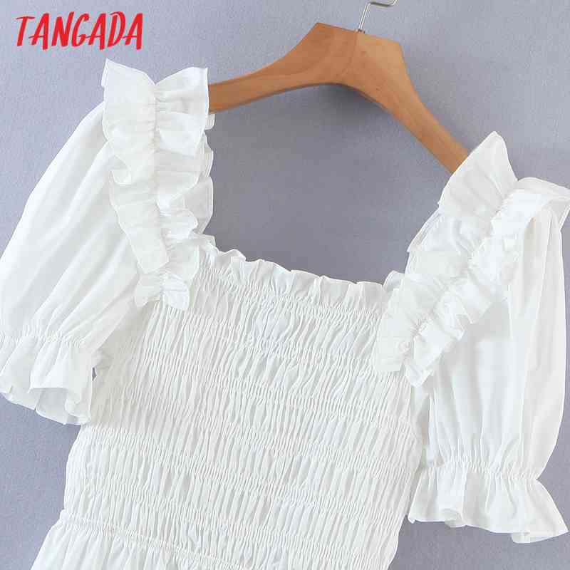 Summer Women Ruffles White Square Neck Short Sleeve Ladies Mini Dress Vestidos QW87 210416