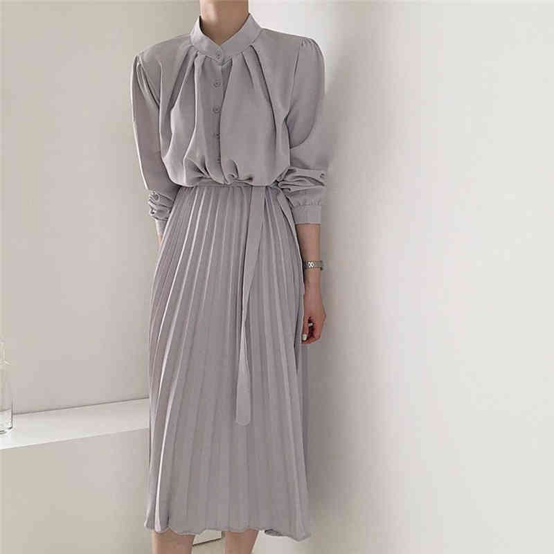 Fashion Chic Stand Waist-Controlled Slim Brief Autumn Pleated Solid Elegance A-Line High Waist Women Long Dresses 210421