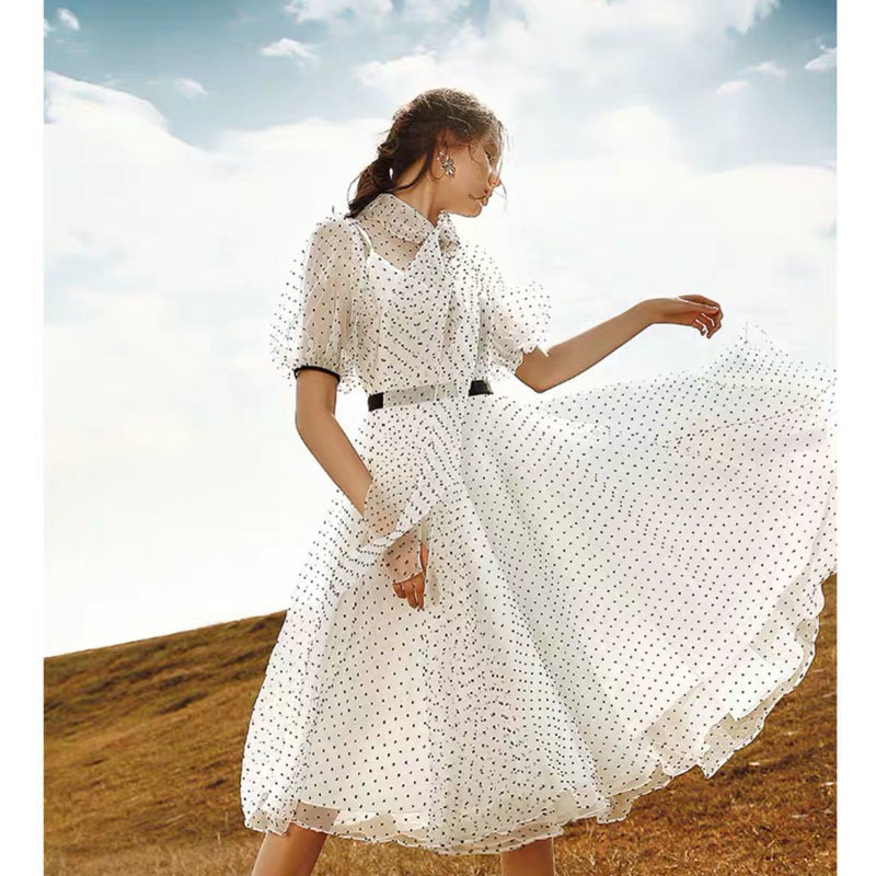 Vintage Elegant Puff Short Sleeve Dot Print Bow Knee Length Party Dress Women Lady Office Work Casual Vestidos 210421