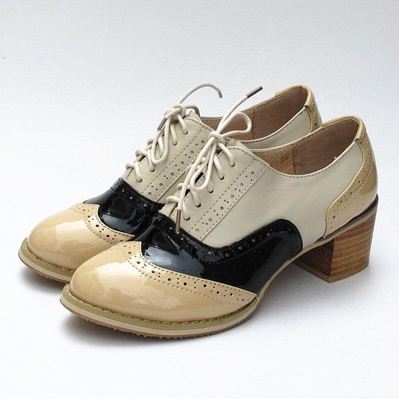 Dress Shoes British Style Vintage Mixed Colors Selling Women's Genuine Leather Thick Heel Wing Tip Oxford For Women
