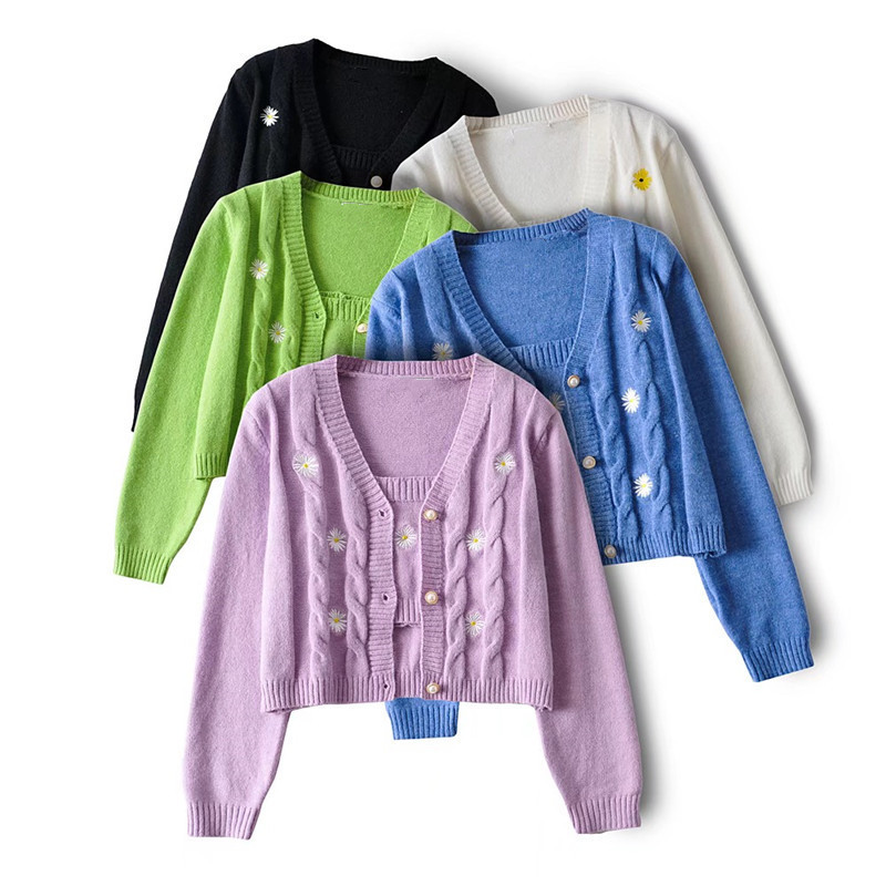 1 set Autumn Korea Style Vintage Embroidery Flower Cardigan Tank Top V neck Single-breasted Button Knitted Crop Sweater Jumper 210429
