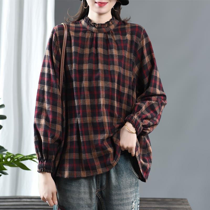 Spring Autumn Arts Style Women Long Sleeve Loose Blouse Femme Tops Vintage Plaid Cotton Linen Shirts high quality V201 210512