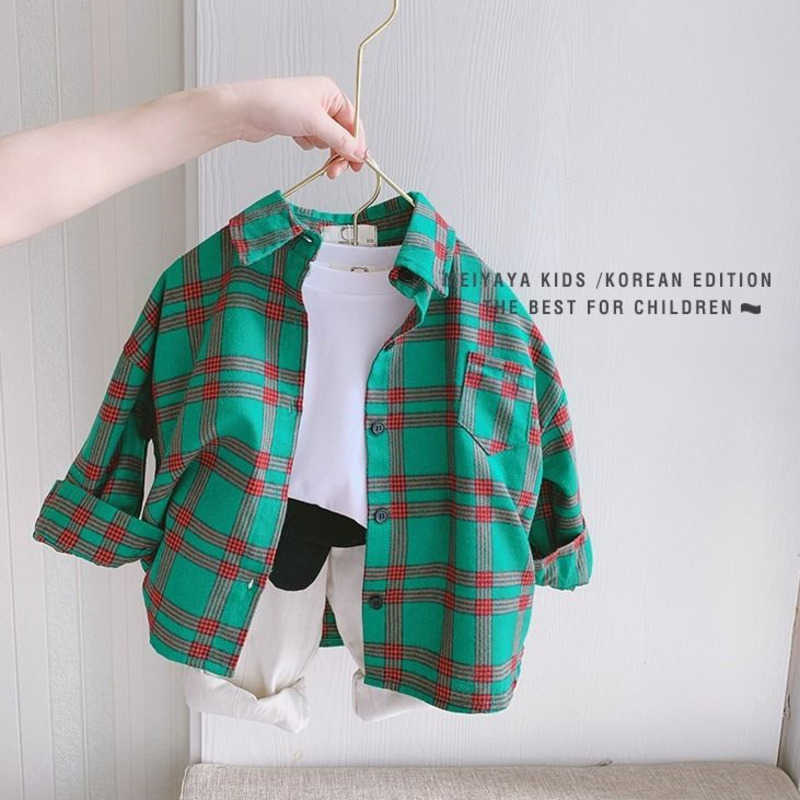 Spring 100% Cotton Casual Plaid Blouse Summer Striped Shirt Korean Baby Long Sleeve Tops Boys Shirts School Girls Blouses 210713