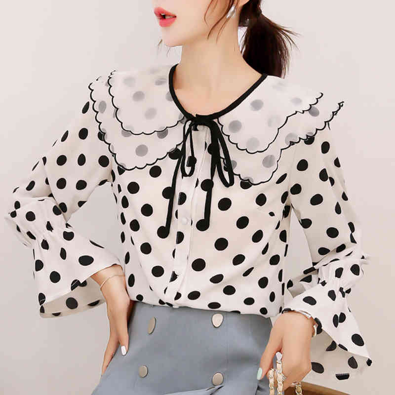 Women Tops Chiffon Shirts Autumn Double-layer collar Long sleeve Blouses Bow Fashion 871C7 210420