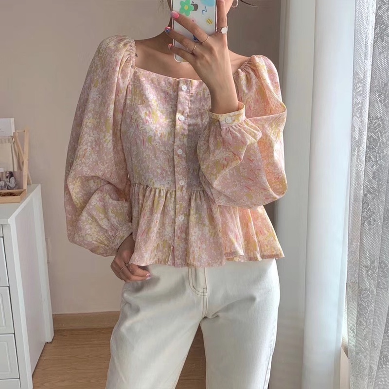Korean Slim Square Collar est Print Ruffles Office Lady Streetwear Women Shirts Tops Vintage Florals Loose Blouse Blusa 10112 210506