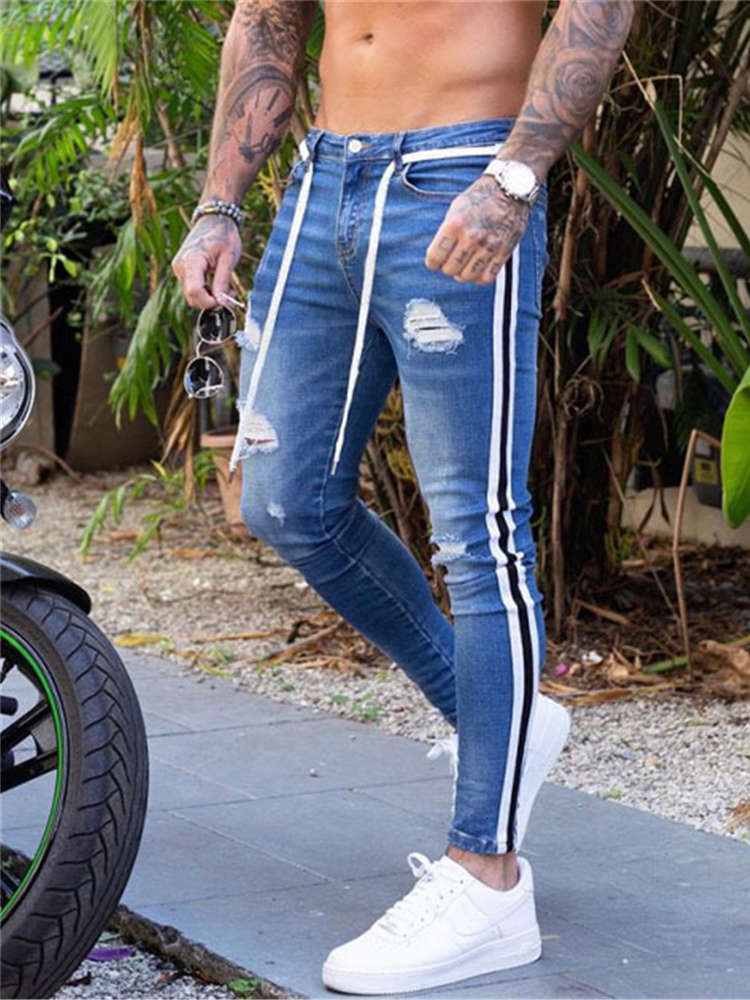 Tejanos Blancos Hombre Hole Mens White Jeans Slim Fit Side Stripe Biker Skinny Spijkerbroeken Heren Denim