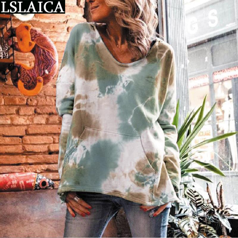 Sweatshirt Women Fashion Tie Dye Print Hoodies Long Sleeve Female Sweatshirts Casual Loose Pocket Tops Autumn Plus Size Clothes 210520