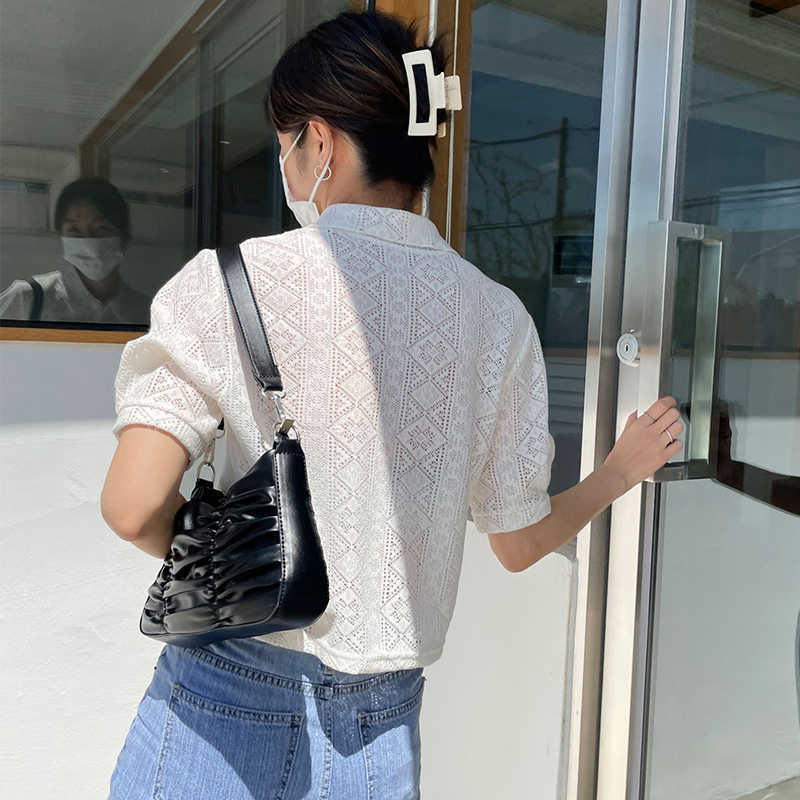 Korejpaa Women Shirt Summer Korean Chic Retro Temperament Lapel Single-Breasted Micro-Transparent Lace Crocheted Blouses 210526