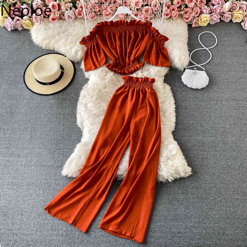 Neploe Fashion Suit Two Piece Outfits for Women Slash Neck Off Shouder Crop Tops Loose Waide Leg Pants Summer Korean 2 Piece Set 210422