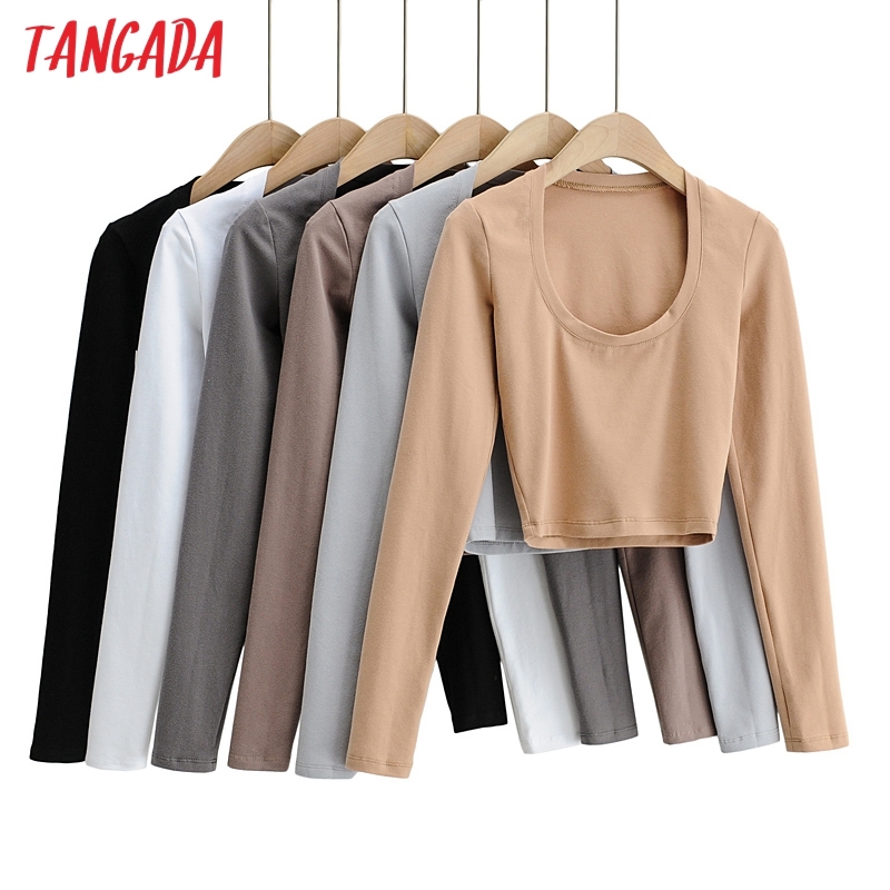Women Vintage Strethy Crop T Long Sleeve O Neck Tees Ladies Casual Tee Shirt Street Wear Top 4P08 210416
