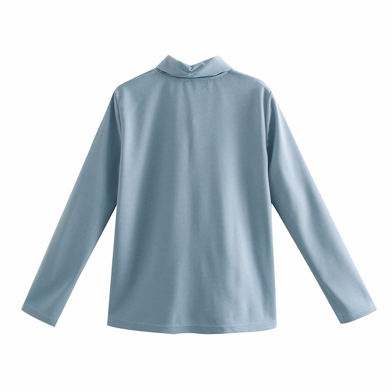 Elegant Women Solid Soft Shirts Fashion Ladies Stand Collar Cord Tops Sweet Female Chic Sky Blue Blouses 210430