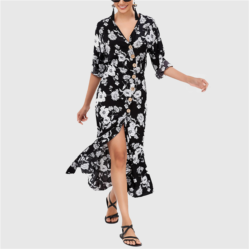 Summer Chiffon Dress Women Floral Print Long Boho Beach Sexy Deep V-neck Party Sundress Vestidos de fista 210515
