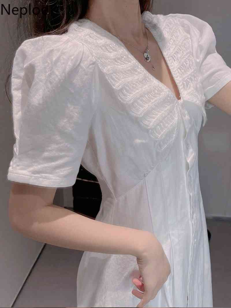 Neploe Woman Dress Puff Sleeve Peter Pan Collar White Vestidos Female Summer Robe Korean Fashion Sweet Elegant Dresses 95459 210422