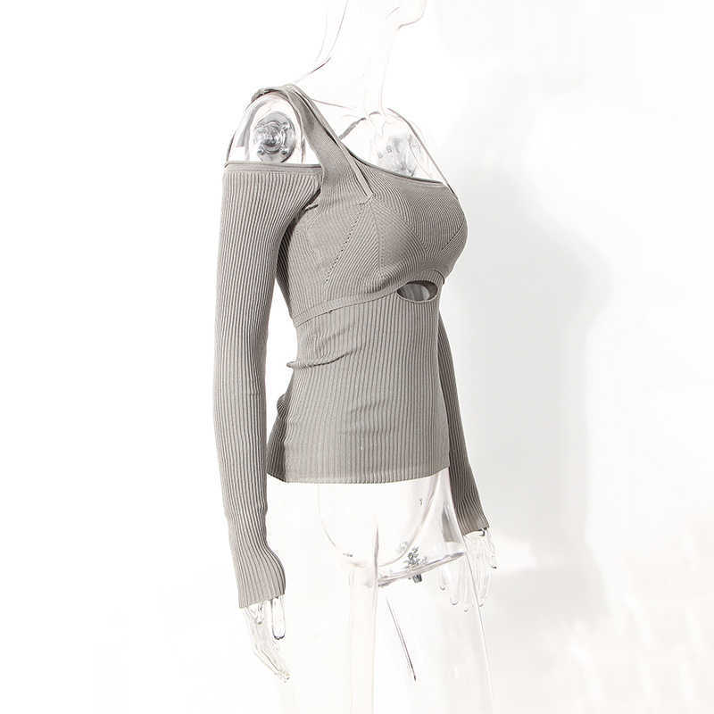 Hollow Out Gray Knitting Sweater Loose Fit Slash Neck Long Sleeve Women Pullovers Fashion Autumn Winter 1DD2267 211011Z