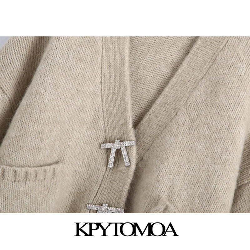 Women Fashion With Rhinestone Buttons Knitted Cardigan Sweater Long Sleeve Loose Female Outerwear Chic Tops 210420