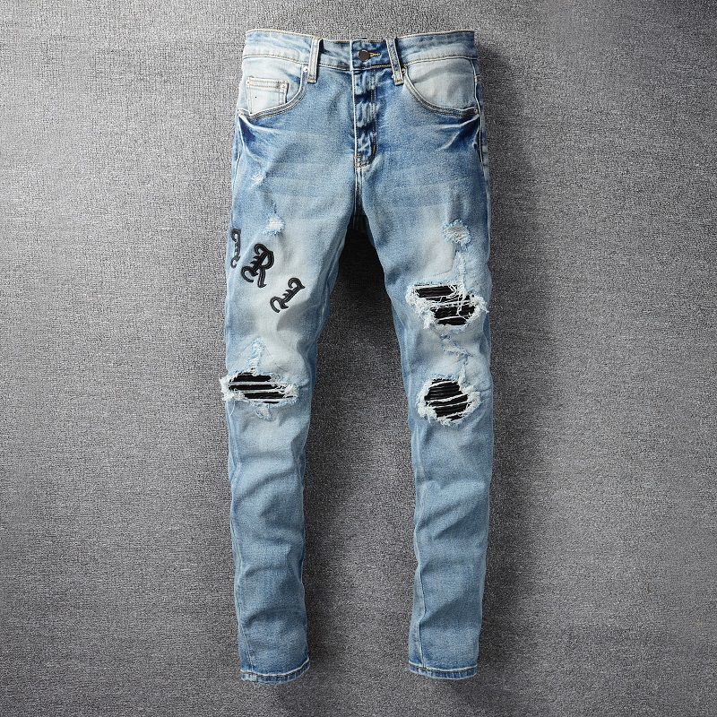 men's jeans bordado carta motociclista jean streetwear magro estiramento denim motocicleta pant buraco costura zÃper couro retalhos 2em, Blue
men's jeans bordado carta motociclista jean streetwear magro estiramento denim motocicleta pant buraco costura zÃper couro retalhos 2em, Blue