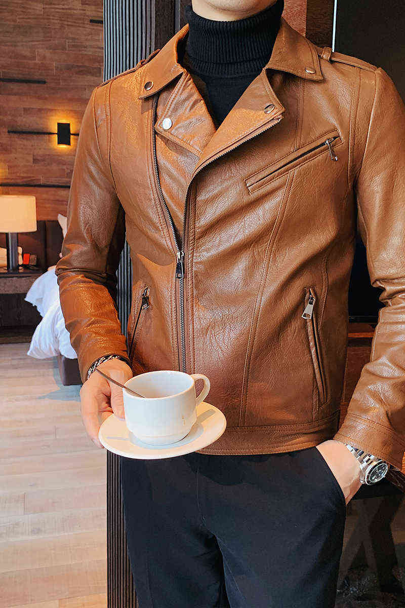 High Quality Autumn Winter Fashion Diagonal Zipper Pu Leather Jacket Men Clothing Slim Fit Turn Down Collar Casual Coat 3XL 211111