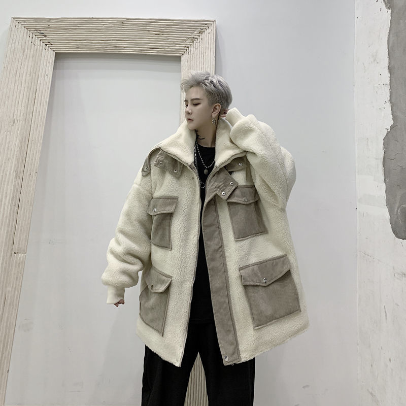IEFB oversized men's clothes corduroy patchwork Multi Pocket loose lamb wool cotton padded coat stand collar jackets zipper 4430 210524