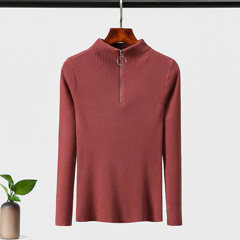 Autumn Winter Sweaters Women Sexy Slim Solid Color Korean Zipper Knit Pullovers Bottom Ladies Pullover Tops 210428