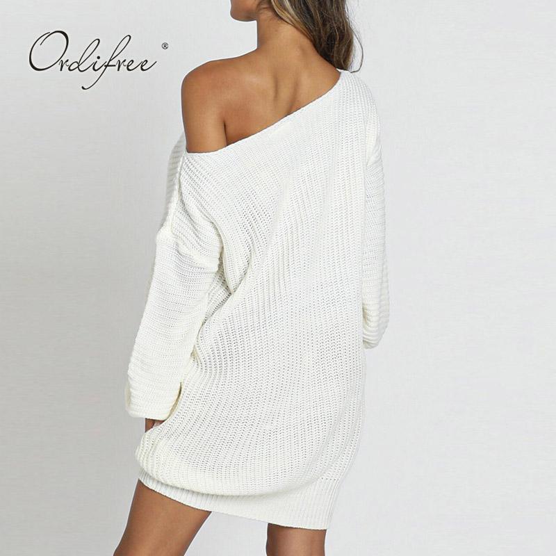 Ordifree 2021 Autumn Winter Women Knitted Dress Long Sleeve Sexy Loose White Sweater Casual Dresses