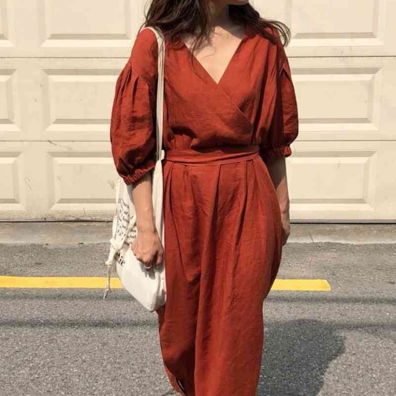 Summer Vintage Sexy V Neck Cotton Long Dress Women Elegant Loose Brief Sundress with Waistbelt Linen Dresses Lady Office 210429