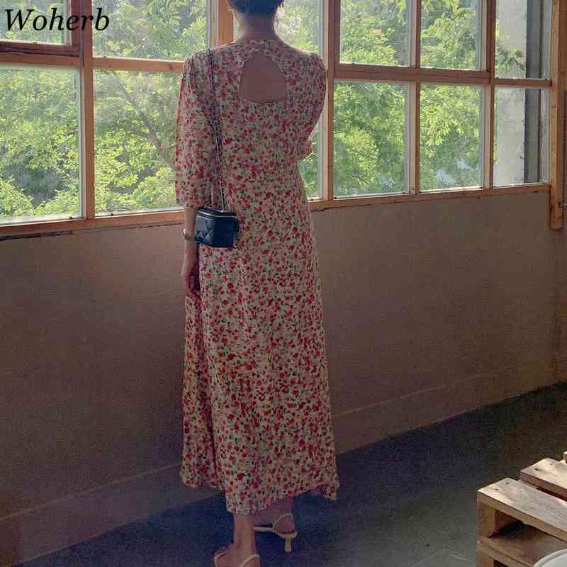 Elegant Sweet Floral Dress Women Summer Korean Chic Robe Temperament Hollow Out Vestidos Backless Vintage 210519