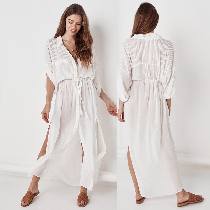 Summer Women Plus Size Beachwear Cover-ups White Cotton Tunic Beach Wrap Bath Dress Swim Suit Bikini Cover Up Woman #Q717 210420