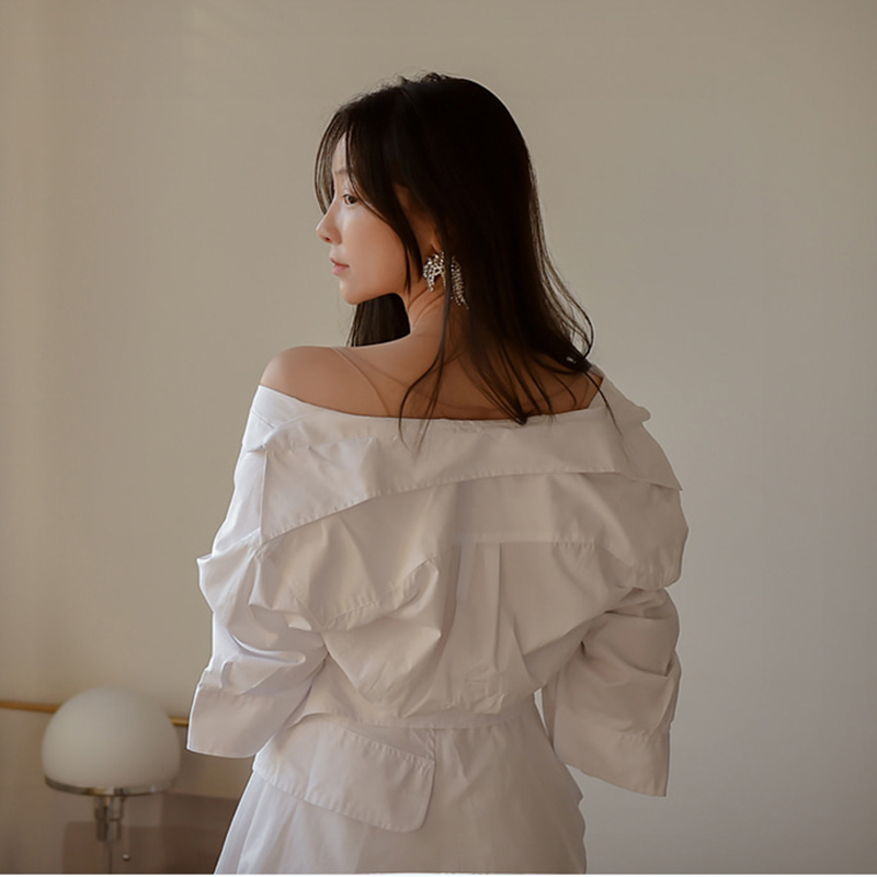 White Irregular Hem Dress For Women V Neck Long Sleeve High Waist Elegant Dresses Female Fashion Clothing 210520