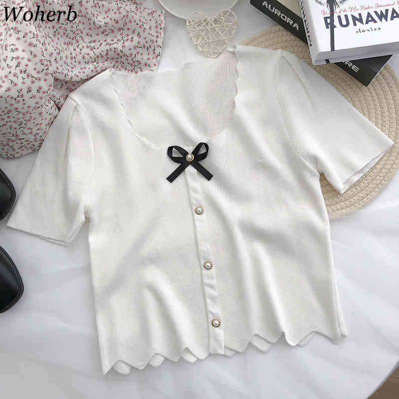 Korean Vintage Knitted Pullover Tops Summer Women Short Sleeve Single Breasted Kntiwear Sweater Elegant Ladies Jumpers 210519