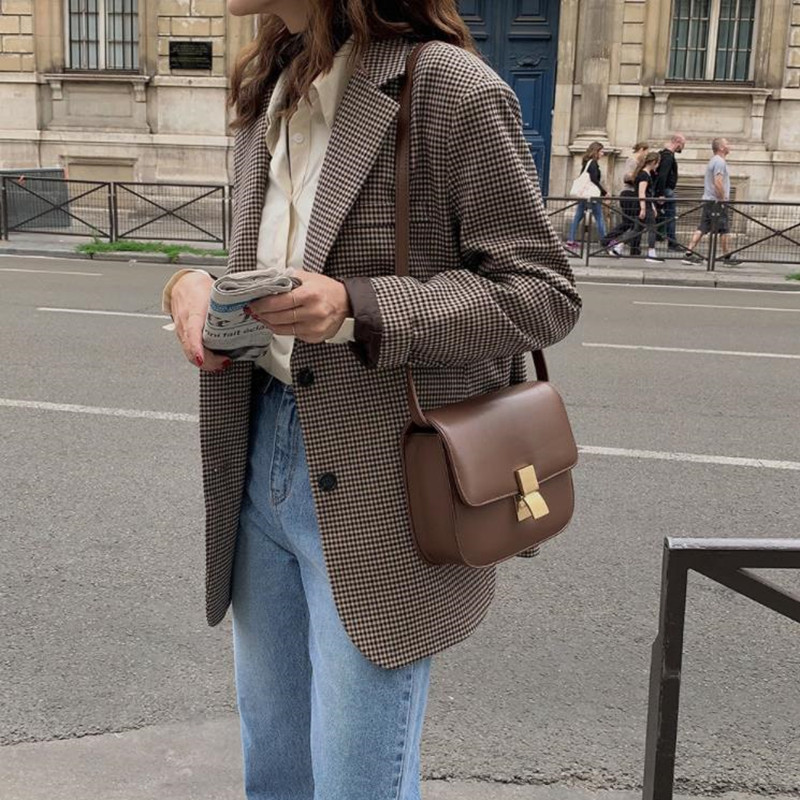 OL Work Wear Vintage Houndstooth Plaid Blazer Women Autumn Elegant Chic Cardigan Loose Suit Jack Female Blazers 210421