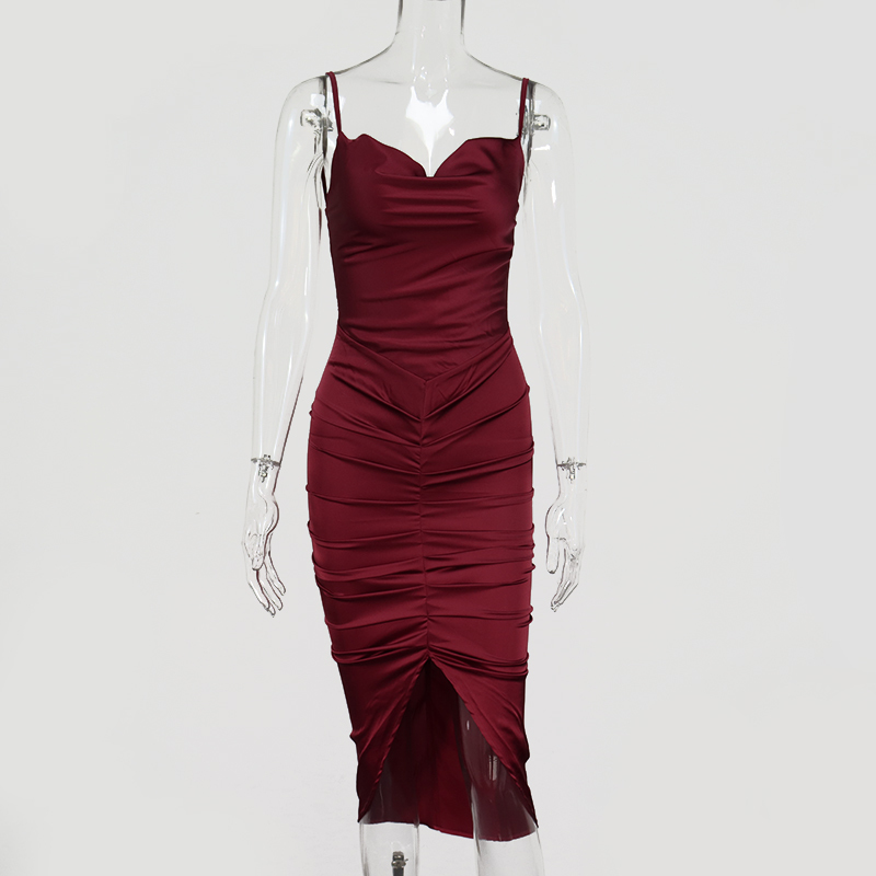 Colysmo Satin Party Dress Women Red Spaghetti Straps Cowl Neck Ruched Backless Sexy Long Dresses Summer Club Vestidos New 210409