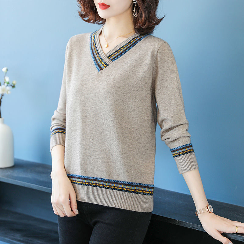 Stripes Patchwork V-Neck Sweaters For Women Elegant Loose Knitwear Tops Femme Casual Long Sleeve Large Size Knitted Pullovers 210522